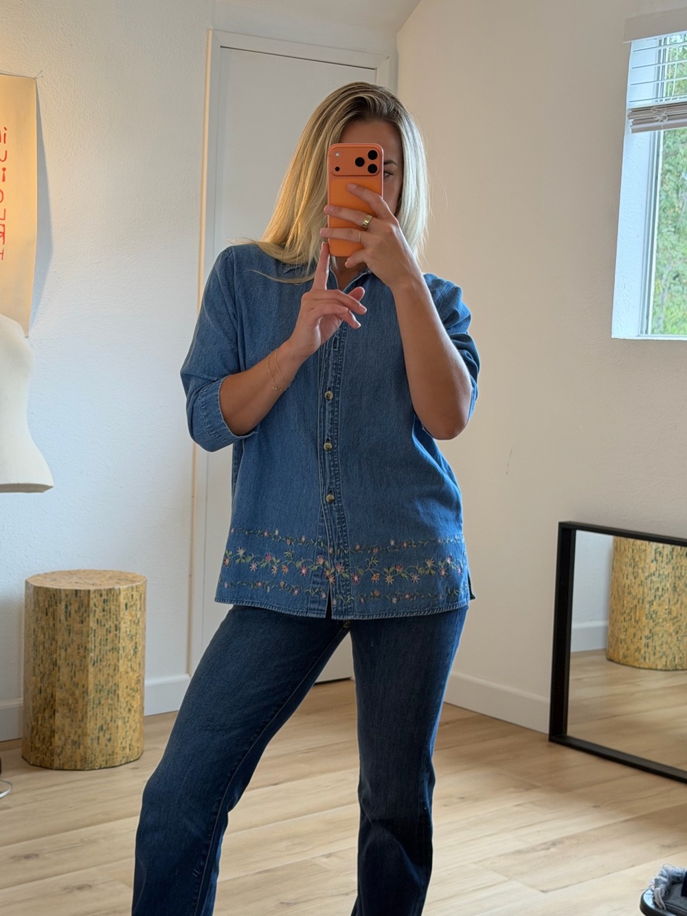 Vintage Victoria Jones Petite Floral Embroidered Denim Shirt PM